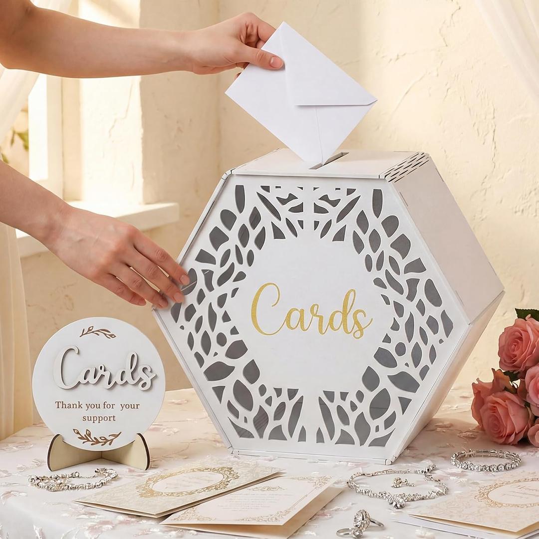 Wedding Card Box with Sign Boho Rustic Wood Gift Card Box Vintage Money Cards Holder for Wedding Baby Shower(Stylish,White,11.8 x 10 x 6 Inches)