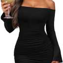 Women's Off Shoulder Bodycon Mini Dress Elegant Long Sleeve Ruched & Ribbed Tight Fit Clubwear for Cocktail Party,Date Night, S
