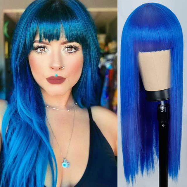 Kaneles Blue Wig Long Straight Hair with Bangs Natural Wig for Women Synthetic Heat Resistant Fiber Cosplay Party Show (Blue) (Blue Wig Long)