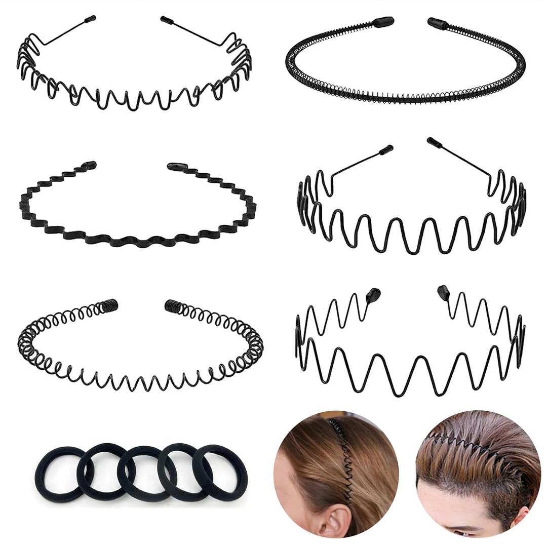 Metal Men Headbands Women Hair Bands, Unisex Black Wavy,Spring And Summer Outdoor Sports Headbands, Fashion Simple Elastic Hair Accessories (6pcs)