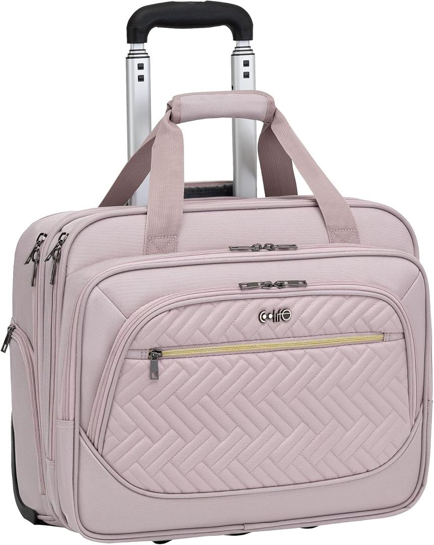 Coolife Rolling Laptop Briefcase 17.3 Inch Laptop Case Roller Computer Bag with Wheels Mobile Office Computer Brief, Pink 