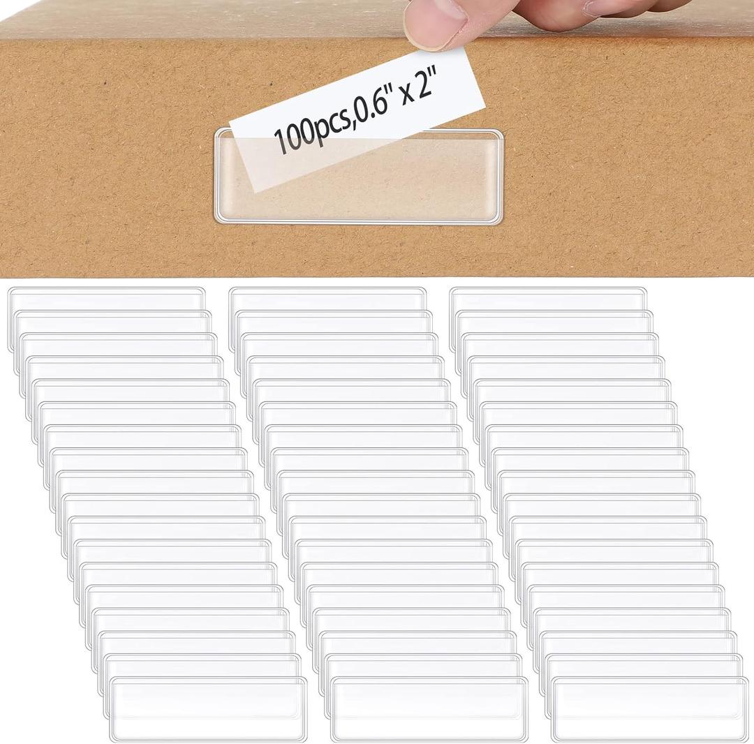Jeyiour 100 Pcs Label Holders Adhesive Nameplate Pockets Storage Bin Labels Index Card Holder Shelf Plastic Peel Stick for Classroom Supermarket Bookshelf Library Student Box Drawer (2 x 0.6 Inch)