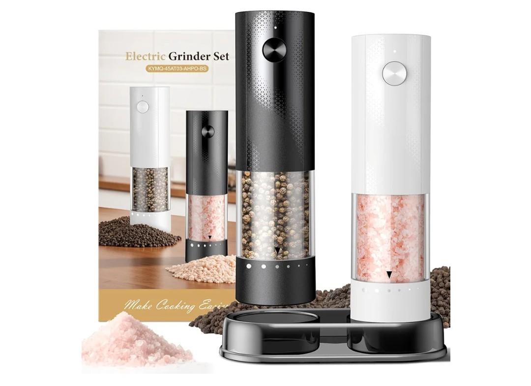 Electric Salt and Pepper Grinder Set - Rechargeable Automatic Salt and Pepper Shakers, Kitchen Appliances with External Adjustable Coarseness, Larger Hopper for Cooking, Home Gifts(2 Pack,Black/White)