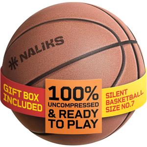 Silent Basketball Size 7, 29.5  Airless Indoor Basketball | Gift Box Included, Pro PU Foam Basket Ball, for Quiet Dribbling Indoor, Real Grooves, 90% Bounciness, 12.7 Oz (Brown)