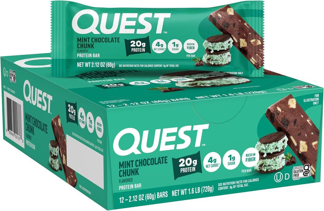 Quest Nutrition Mint Chocolate Chunk Protein Bars, 20g Protein, 1g Sugar, 4g Net Carb, High Fiber, Gluten Free, Keto Friendly, 12 Count (EXP 02/10/26)