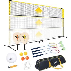 3-in-1 Portable Badminton, Volleyball & Pickleball Net Set for Adults, Adjustable Height 34"7 ft for Backyards or Beach, Outdoor Sports Combo with Carry Bag, Rackets, Paddles & Balls