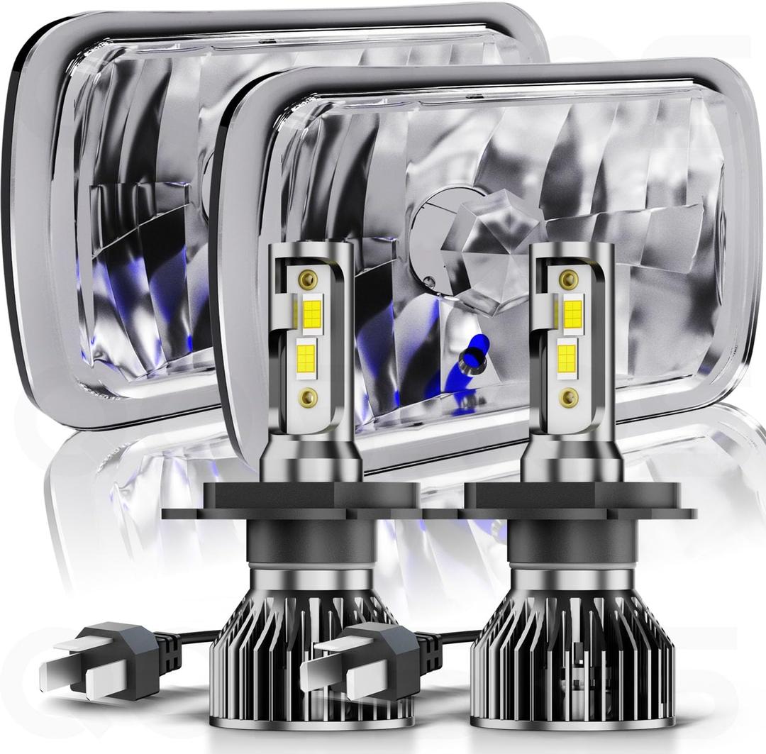 Pair 5x7 7x6 LED Headlights Hi-Lo Beam For 1982-2012 Ford E-150 E-250 E-350 Van, 5x7 7x6 Inch Diamond Crystal Clear Semi Sealed Beam Glass Lens Housing Headlights, H4 LED Bulbs, 6000K Cool White