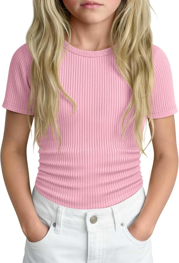 Girls' Ribbed Knit T-Shirt Short Sleeve Crew Neck Top Soft Slim Fit Shirt Kids Casual Basic Tee Summer 5-14 Years (Pink)