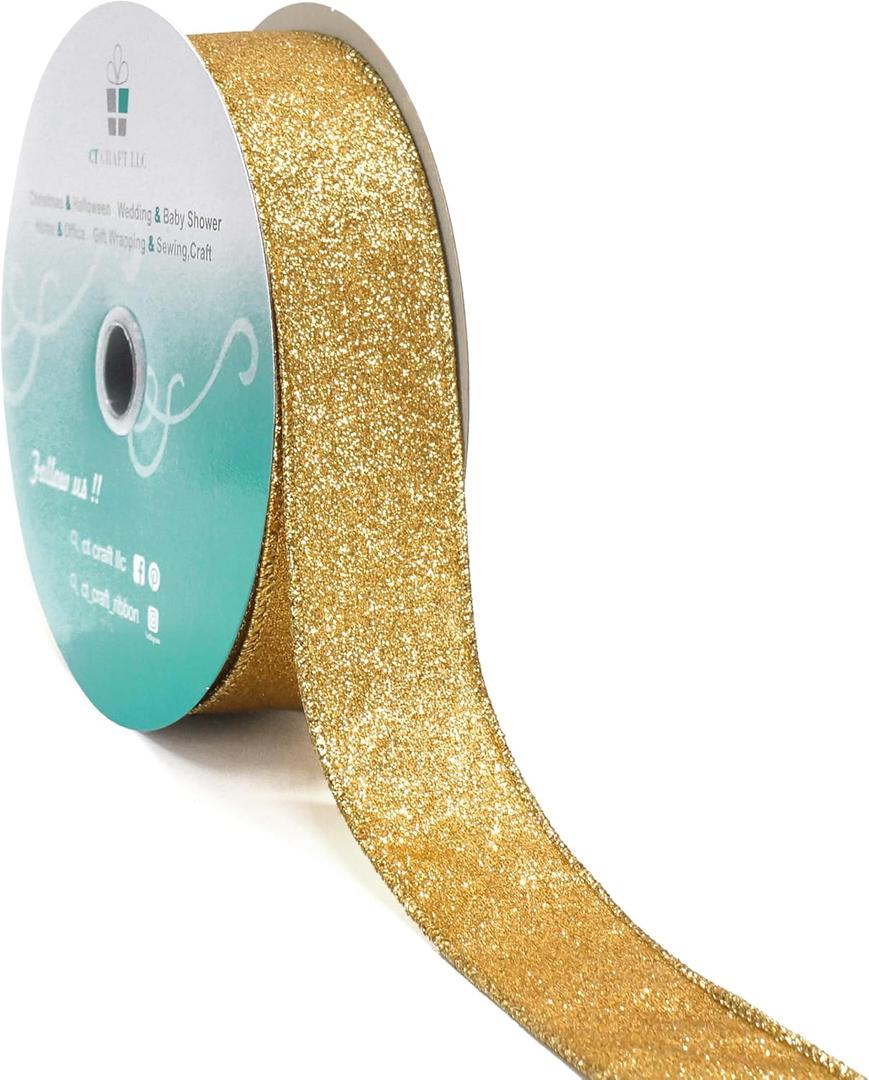 CT CRAFT LLC Glitter Wired Ribbon 1.5" x 20 Yards Yellow Gold for Christmas Home Decor Bow Gift Wrapping DIY Crafts Wreath