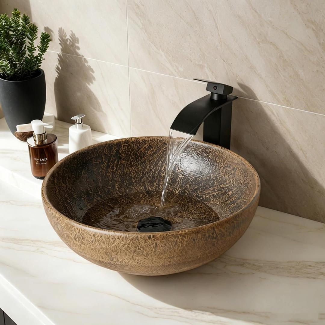 15.8 Inch Round Bathroom Vessel Sink Set
Ceramic Vessel Sink with Faucet and Drain Combo, Above Counter Bathroom Sinks, Natural Earthy Brown Ceramic Sink