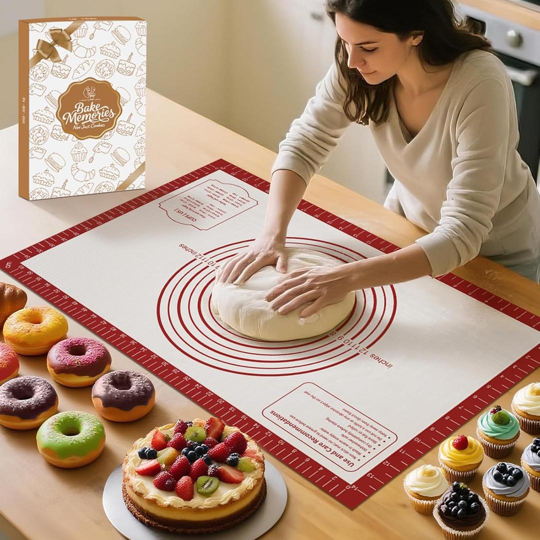 Silicone Baking Mat, Non Stick Pastry Mat Sheet for Dough Rolling, Nonslip Fondant/Pie Crust Mat, Counter Mat Oven Liner Mat for Making Cookies Macarons Bread Baking Supplies Extra Large 26 x 16 Inch (Red)