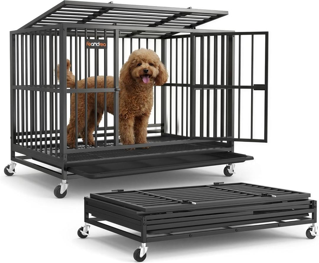 Feandrea Heavy-Duty Dog Crate, 5-Minute Quick Assembly, Foldable Dog Kennel Cage with Lockable Wheels, Double Doors, Escape Proof Fixed Bottom, Removable Tray, Easy to Clean, Ink Black, 37 Inch