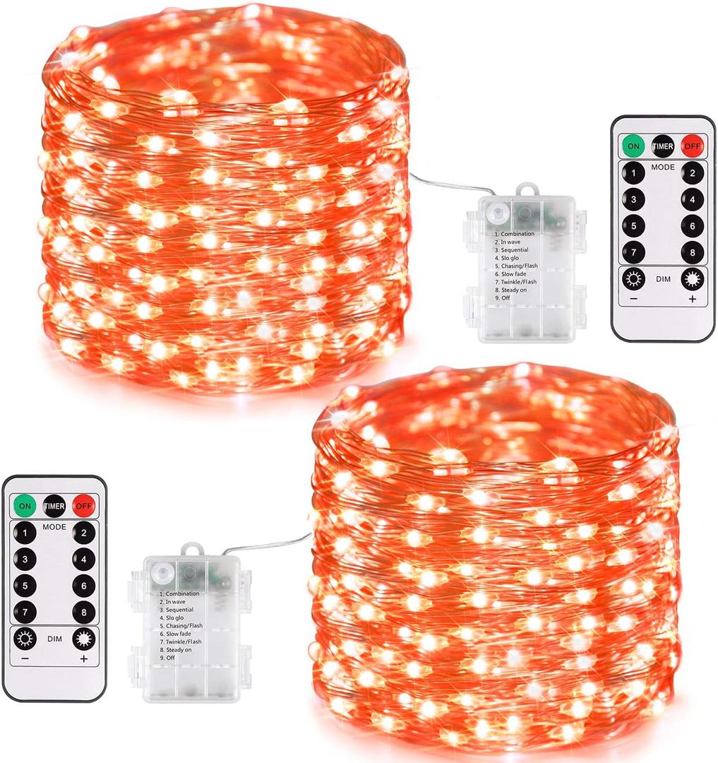 JMEXSUSS 2 Pack Halloween Fairy Lights Battery Operated, Total 400 LED 132ft Orange Twinkle Fairy Light with Remote, 8 Modes Orange String Lights for Halloween Tree Bedroom Wreath Decoration