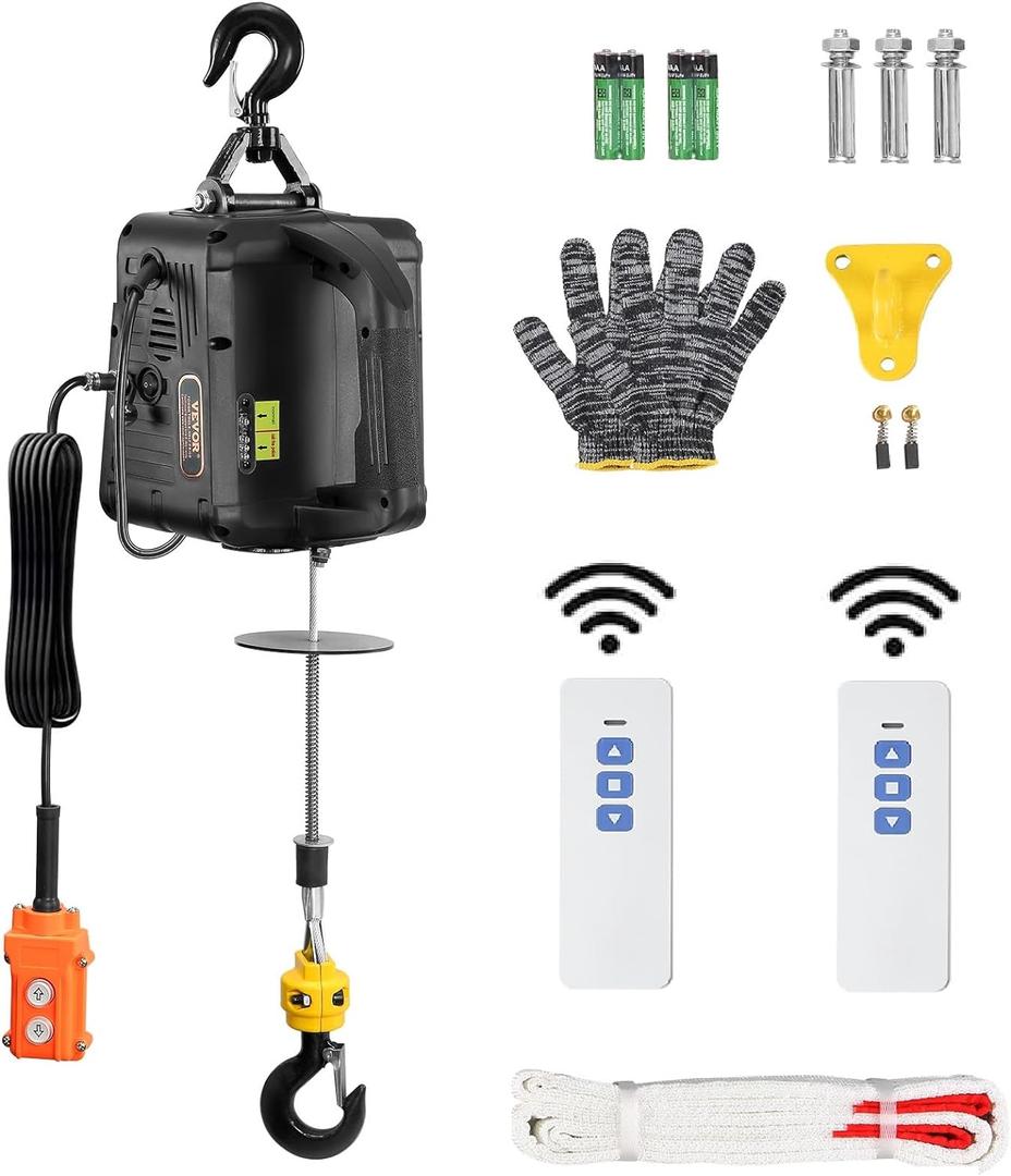 VEVOR 3-in-1 Electric Hoist Winch, 1100lbs 1500W Portable Power Winch Crane, 110V/120V 22.9 ft Lifting Height, 13 ft/min with Manual, Wired and Wireless Remote Control, Overload Protection (Black)