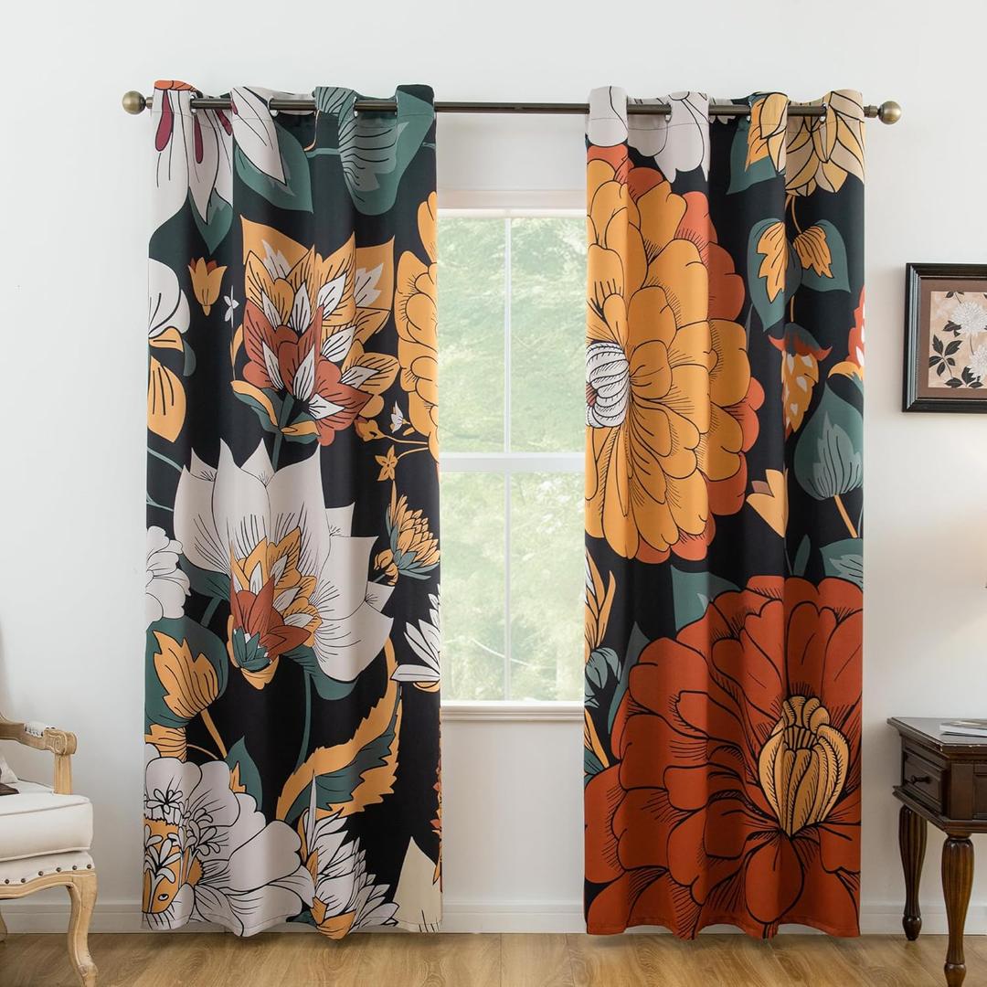 Floral Room Darkening Curtains  80% Blackout Botanical Kitchen Curtain Drapes, Boho Vintage Energy Efficient Shades Perfect for Living Room & Bedroom, W52 x84, 2 Panels
