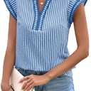 Dokotoo Womens Summer Tops Casual V Neck Cap Short Sleeve Striped T Shirts Loose Boho Blouses (Blue) L