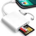 SD Card Reader for iPhone iPad, Oyuiasle Digital Trail Camera SD Card Viewer with Dual Slot for MicroSD/SD, Lightening&USBC Dual-Connector Memory Card Adapter for Photography, Plug and Play