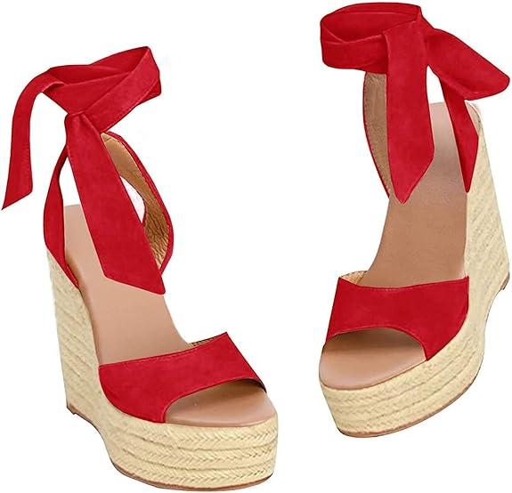 Liyuandian Womens Platform Espadrille Wedges Open Toe High Heel Sandals with Ankle Strap Buckle Up Shoes (7.5, Red)
