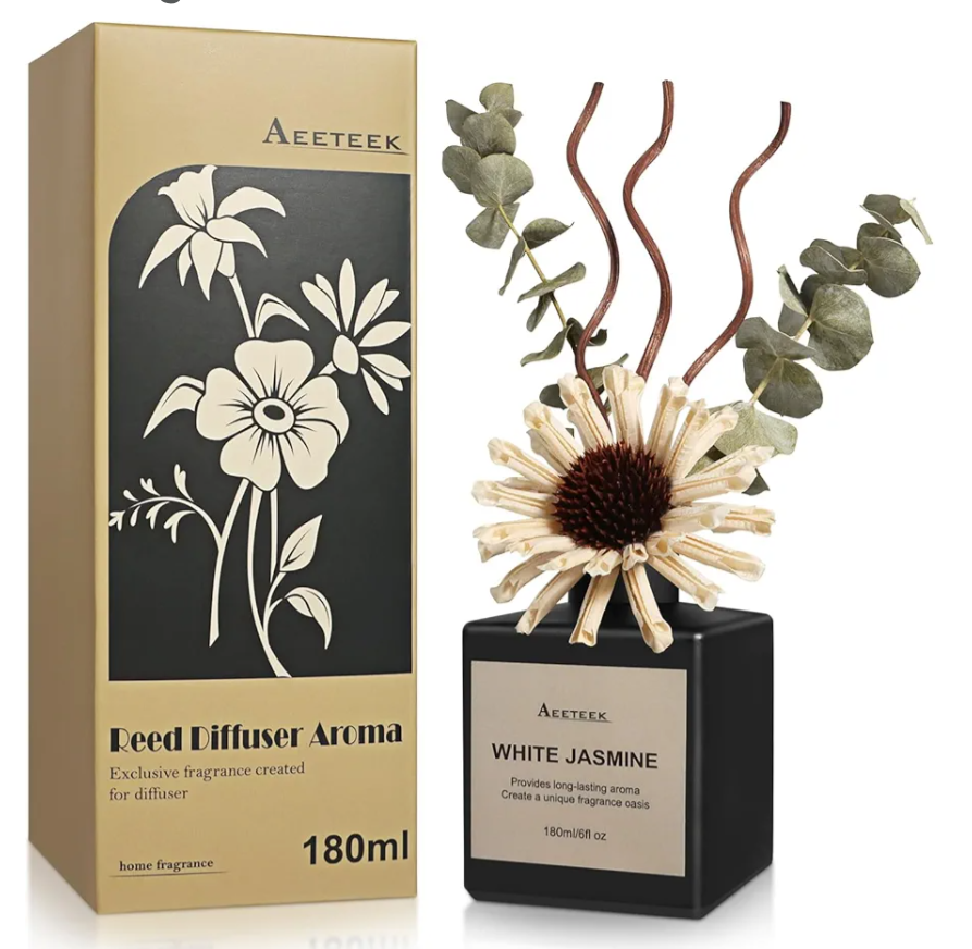 Reed Diffuser Set, White Jasmine Scented Oil with Dried Flowers, 6.09 Fl Oz(180ml) Long Lasting Air Freshener with Diffuser Sticks, Home Fragrance for Office Bathroom Decor
