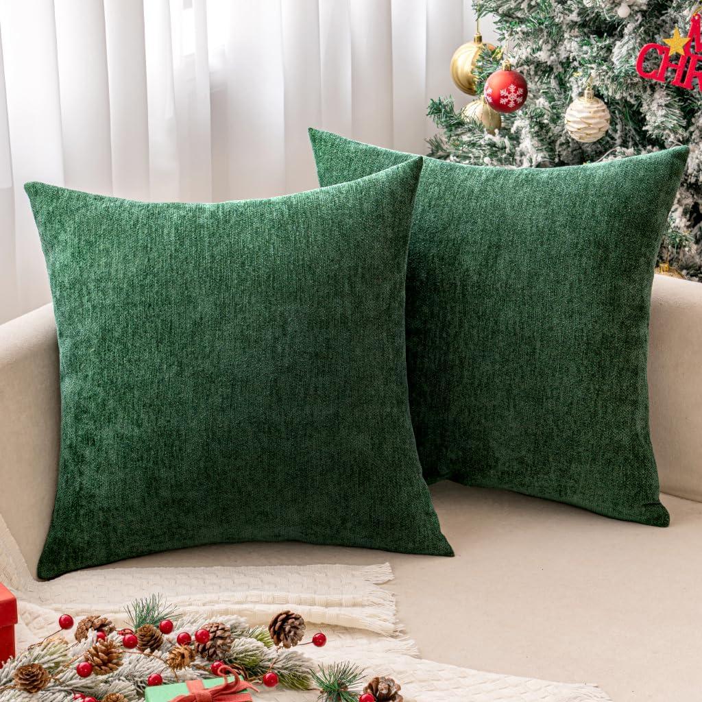 MIULEE Pack of 2 Christmas Dark Green Decorative Pillow Covers 18x18 Inch Soft Chenille Couch Throw Pillows Farmhouse Cushion Covers for Home Decor Sofa Bedroom Living Room