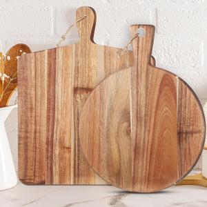 Hsei 2 Pcs Acacia Wood Cutting Board with Handle Wooden Charcuterie Board Large Paddle Carving Chopping Set Butter Serving Tray for Cheese Meat Fruit Pizza Bread(Vintage Style, 16x12, 17x13 Inch)