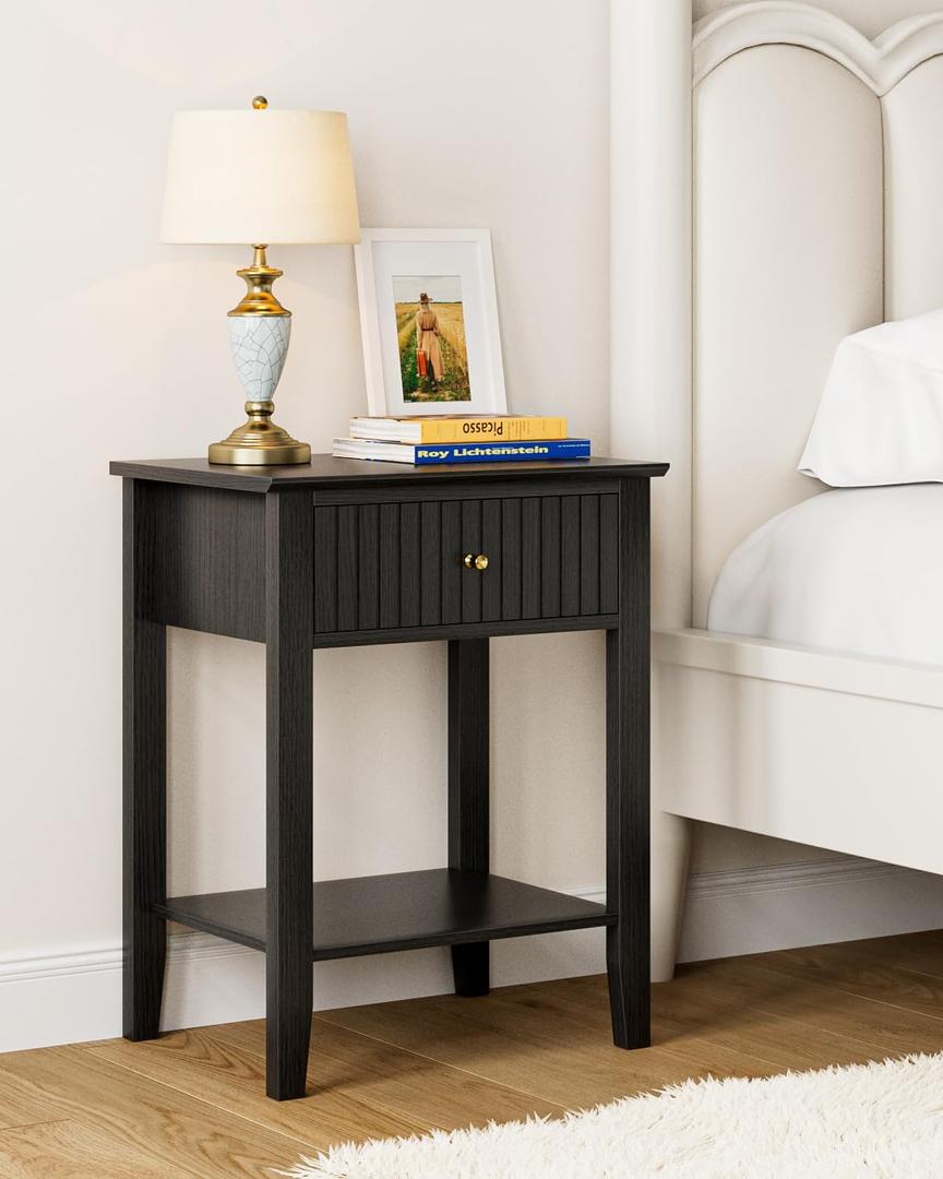 Fluted Nightstand, Farmhouse Night Stand with 1 Drawers, Mid Century Modern Side Accent Table,Bedside End Table for Bedroom, Living Room, Black