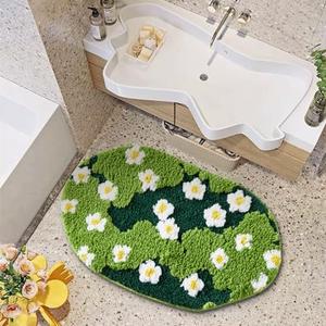 Ouyattle Cute Green Floral Bath Mat Microfiber Grass Bathroom Rug 16''W x 24''L Non Slip Washable, Modern Chic Boho Aesthetic Trendy Shaggy Bathroom Shower Floor Mat Absorbent
