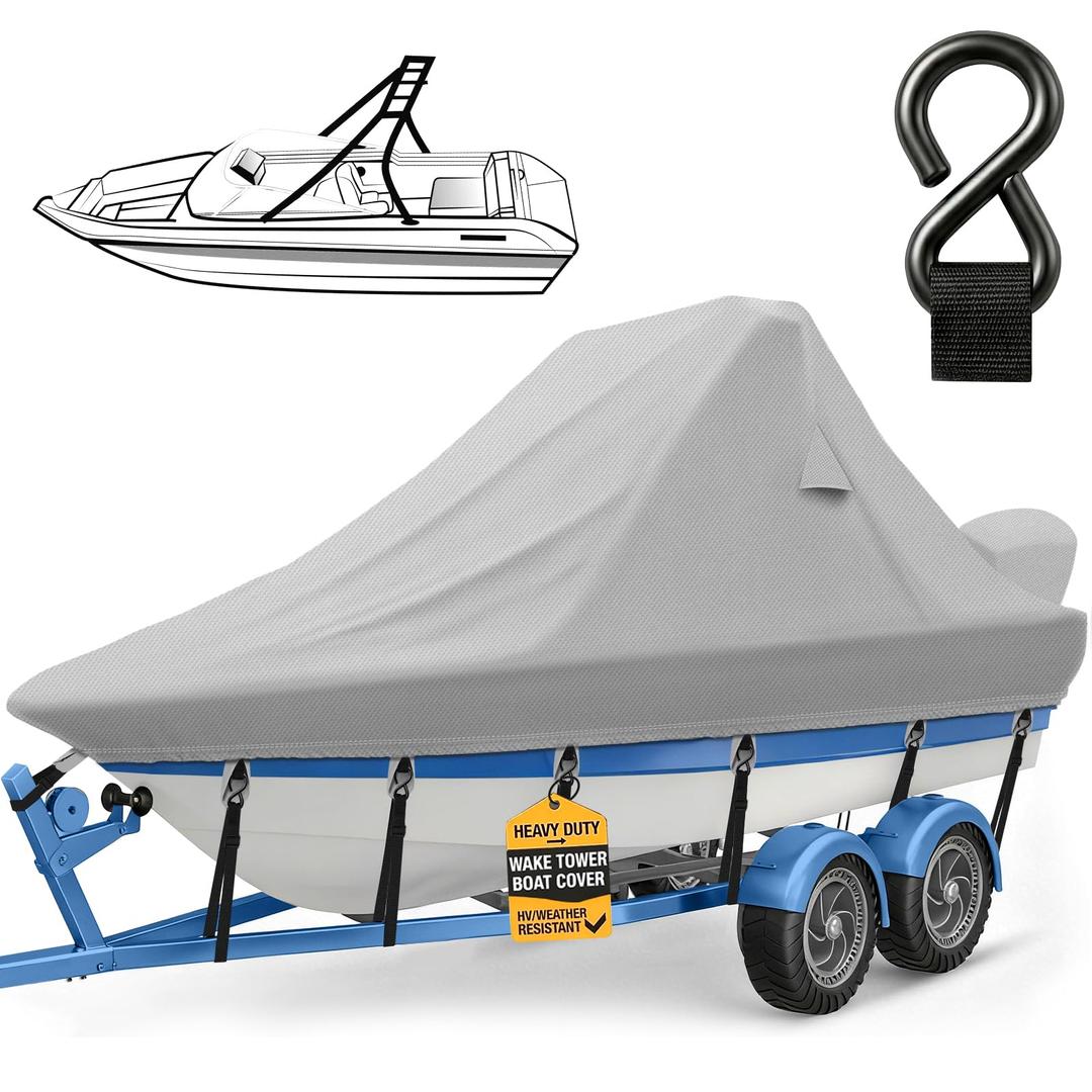 Wake Tower Boat Cover,1200D Heavy Duty Waterproof Boat Cover with Adjustable Metal Hooks,Wakeboard Tower Boat Cover,Fits V-Hull Bow Runabout Ski Boats, 23-25ft, Gray