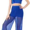 ODASDO Women Two Piece Lyrical Dance Costumes Criss Cross Crop Tops + Mesh Tulle Wide Leg Pants Modern Contemporary Dancewear (Blue, XL)