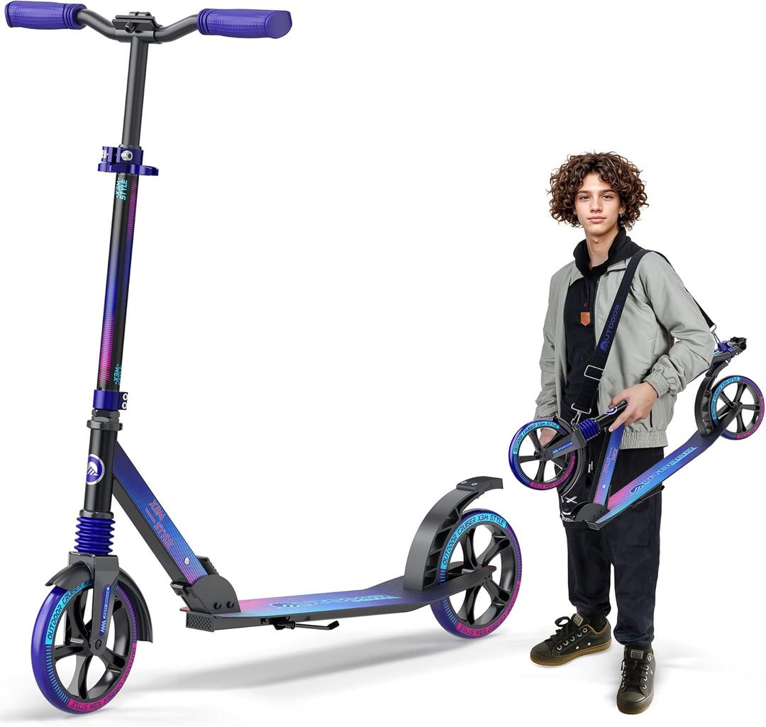 Outdoor Cruiser Kick Scooter for Ages 6+, for Kids, Teens, and Adult, Max Load 250 LBS, Foldable, 8-inch Big Wheels, Dual Suspension, 3 Adjustable Levels, Child Safety Approved, Blue, Purple, & Pink