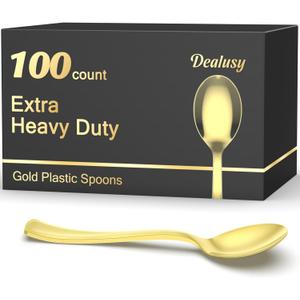 Dealusy 100 Count Heavy Duty Gold Plastic Spoons Disposable, BPA-Free, Heat Resistant, Solid and Durable Premium Plastic Disposable Spoons for Party Supply