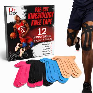 Kinesiology Tape for Knees, 12 Pcs 9"×10" – Athletic Tape for Support & Stability, Pre-Cut KT Tape, Waterproof Sweat-Resistant, Breathable Latex-Free Kinesiology Knee Tape for Sports by Dr. Dee