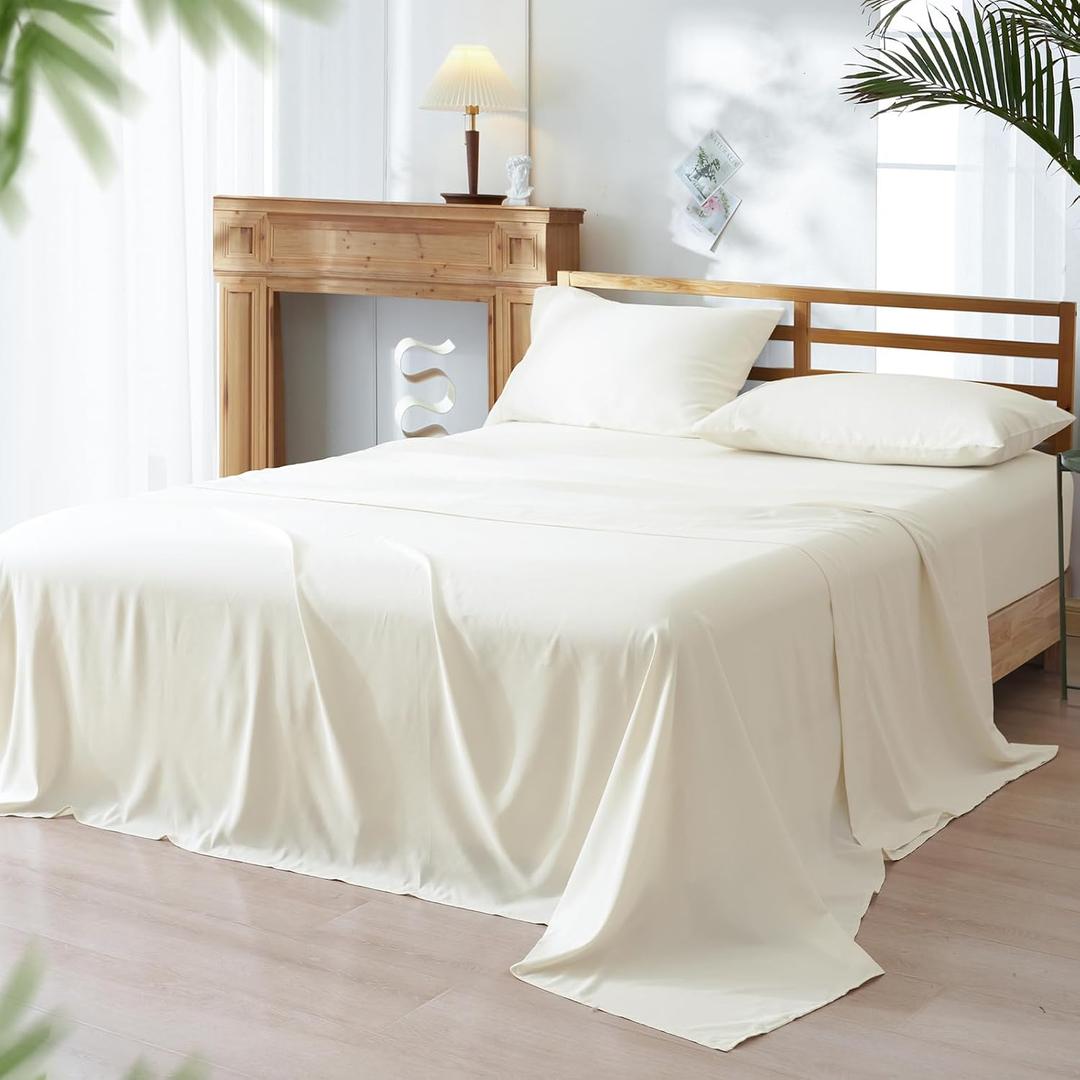 PHF Cooling Sheets Set Twin Size, Rayon Derived from Bamboo & Polyester, Breathable & Wrinkle Free Silky Soft Bedding Sheets, Wider Elastic Band, 16" Deep Pocket Bedding Set & Pillowcase, Cream, 4PCS-Twin