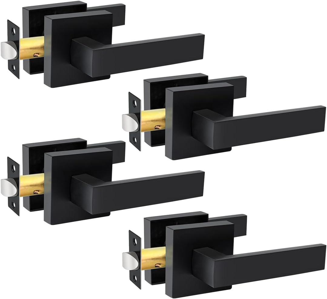 KAMOTA Passage Door Levers, 4 Pack Black Heavy-Duty Keyless Door Handles, Square Non-Locking Door Knobs, Right and Left Handed for Closets, Hallways and Conference Rooms