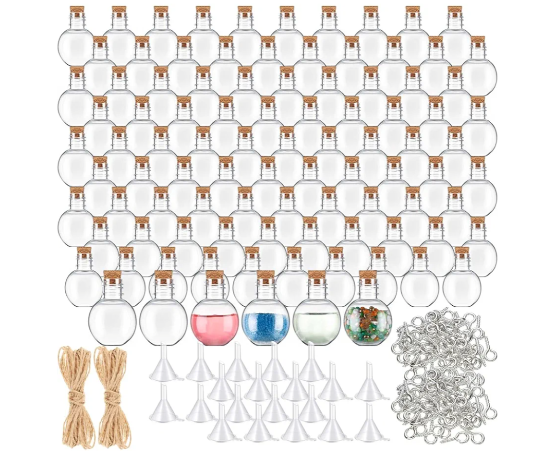 Bokon 25 Pack 1oz Plastic Mini Potion Bottles with Corks Spherical Small Sand Art jar Tiny Clear Ball Shape Liquor Bottles Bulk Wishing Vial for Birthday Halloween Party Favor DIY Crafts Gift