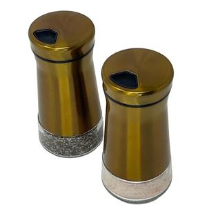 Rustic Dark Gold Salt and Pepper Shakers Set Adjustible Stainless Steel and Glass Modern Design Adjustable Top Makes it the ideal Spice and Seasoning Despenser Kitchen Sugar and Cinnamon Shakers