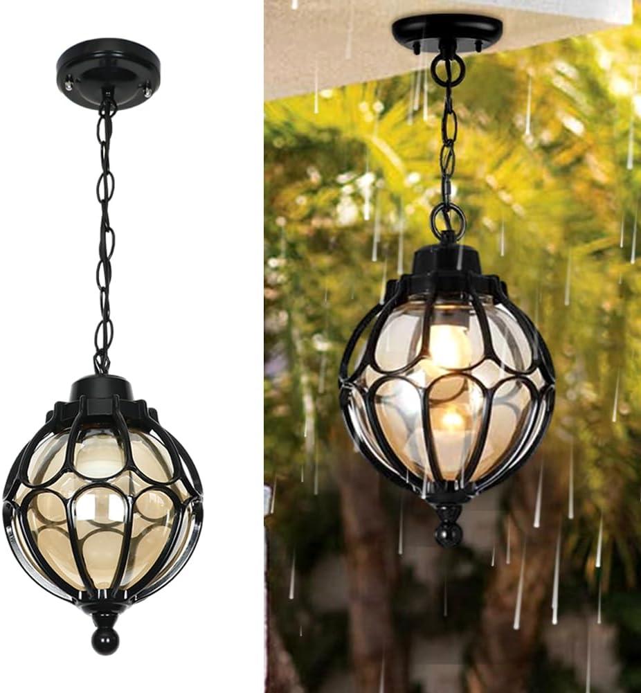 Outdoor Pendant Light Fixtures For Porch, Waterproof Exterior Lantern Glass Vintage Hanging Ceiling Light Retro Aluminum Outside Chandelier For Porch Patio Entryway Farmhouse (27cm/10.6",Black)