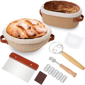 Banneton Bread Proofing Basket Set 9 Inch Round and 10 Inch Oval Sourdough Proofing Baske Bread Baking Supplies with Danish Whish Bowl Scraper Dough Scraper for Bread Making Baking Fermentation