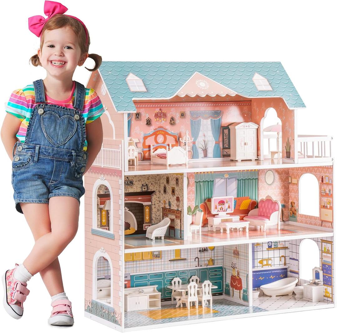 ROBOTIME Doll House Wooden Dollhouse for Kids 3 4 5 6 Years Old, Doll House w/28PCS Furniture Plastic, for 3.3Dolls, Birthday Presents for Toddler 3+, Medium