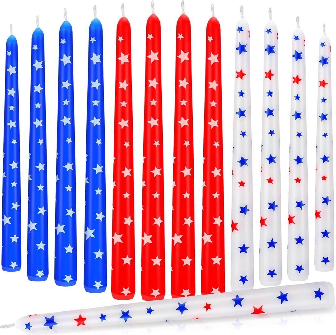 12 Pcs Independence Day Dripless Taper Candles 10 Inch Tall Unscented Candle Sticks White Red Blue Candle Set Independence Day Gifts Holiday Decor for Dinner, 4th of July Party, Anniversary