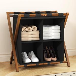 Bamboo Luggage Rack for Suitcases with Storage, Foldable Suitcase Stand, Sturdy & Space-Saving Luggage Stand for Guest Room, Bedroom, Hotel (Walnut)