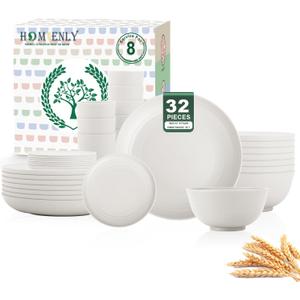 Homienly KItchen Wheat Straw Dinnerware Set, Alternative to Plastic Plates and Bowls Sets, Unbreakable Lightweight Dishes Set for 8 - Plate Set, Soup Bowls, Drinking Glasses for KItchen, Party - White (32-Piece)