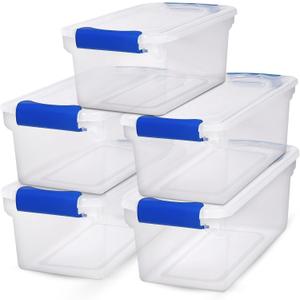 HOMZ 5-Pack Latching Lid, Clear Plastic Storage Organizer Bins, 7.5 Quart, Blue Latch - Stackable Organizing Containers for Home, Garage, and Office