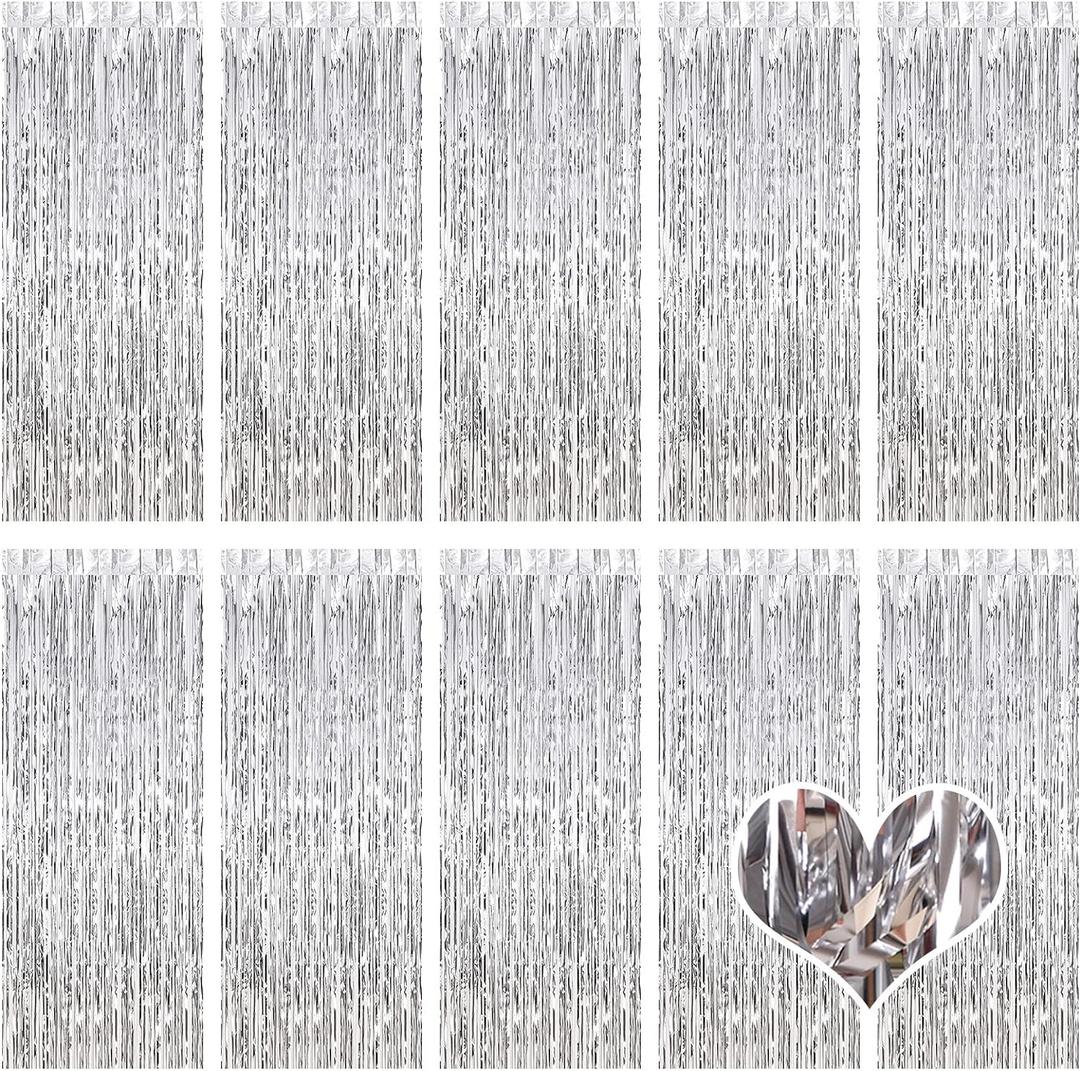 10 Pack Silver Backdrop Curtain 3.2ft x 8.2ft Metallic Tinsel Foil Fringe Curtains Photo Booth Background for Birthday Party Decoration Baby Shower Engagement Wedding Christmas Decoration (Silver)