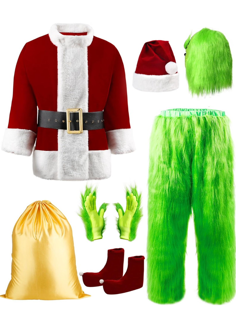 Halloween Costumes Adult Cosplay Green Santa Suit Christmas Santa Costume with Mask Funny Santa Costume for Men M To L Size