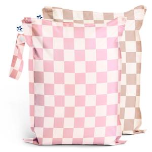 Tiny Twinkle Mess Proof Wet Bags | 2-Pack Reusable Waterproof Wet Bags for Swimsuits | Baby Clothes | Travel & Diaper Bag (Pink, Brown Checkers)