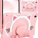 for Samsung Galaxy Tab A9 Plus Case 11 Girls Cute Cat Kawaii Cover Girly 3D Cartoon Women Kitten with Rotating Handle Stand & Strap Soft Silicon Funda for Samsung A9 Plus Tablet Case, Pink Cat 