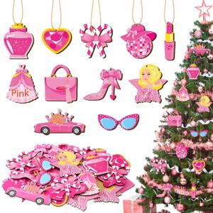 33 Pcs Pink Ornaments for Christmas Tree Wooden Hanging Christmas Decorations Princess Cute Pendants Party Decoration with Rope and Holes for Home Party Supply Decorations Gifts for Girls