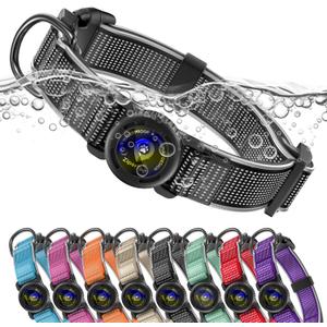 For Airtag Dog Collar with Air Tagholder | IPX8 Waterproof | Reflective Air Tag Dog Collar & QR Code Buckle | Adjustable Durable Padded Nylon Collars for Small Dogs, Black, S, 12"-15"