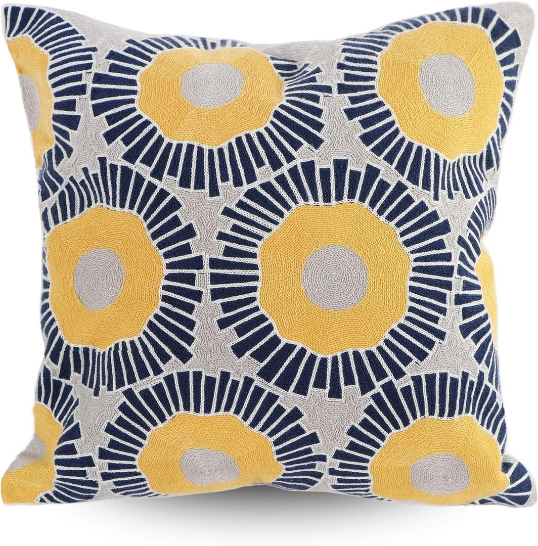Embroidery Throw Pillow Covers 18x18 Home Decor Floor Pillow Cover for Couch Sofa Bed Room Chair 100% Cotton Cushion Cover Pillowcase 45x45cm Yellow Sunflowers Embroidered, 1 Piece (Blue and Yellow)